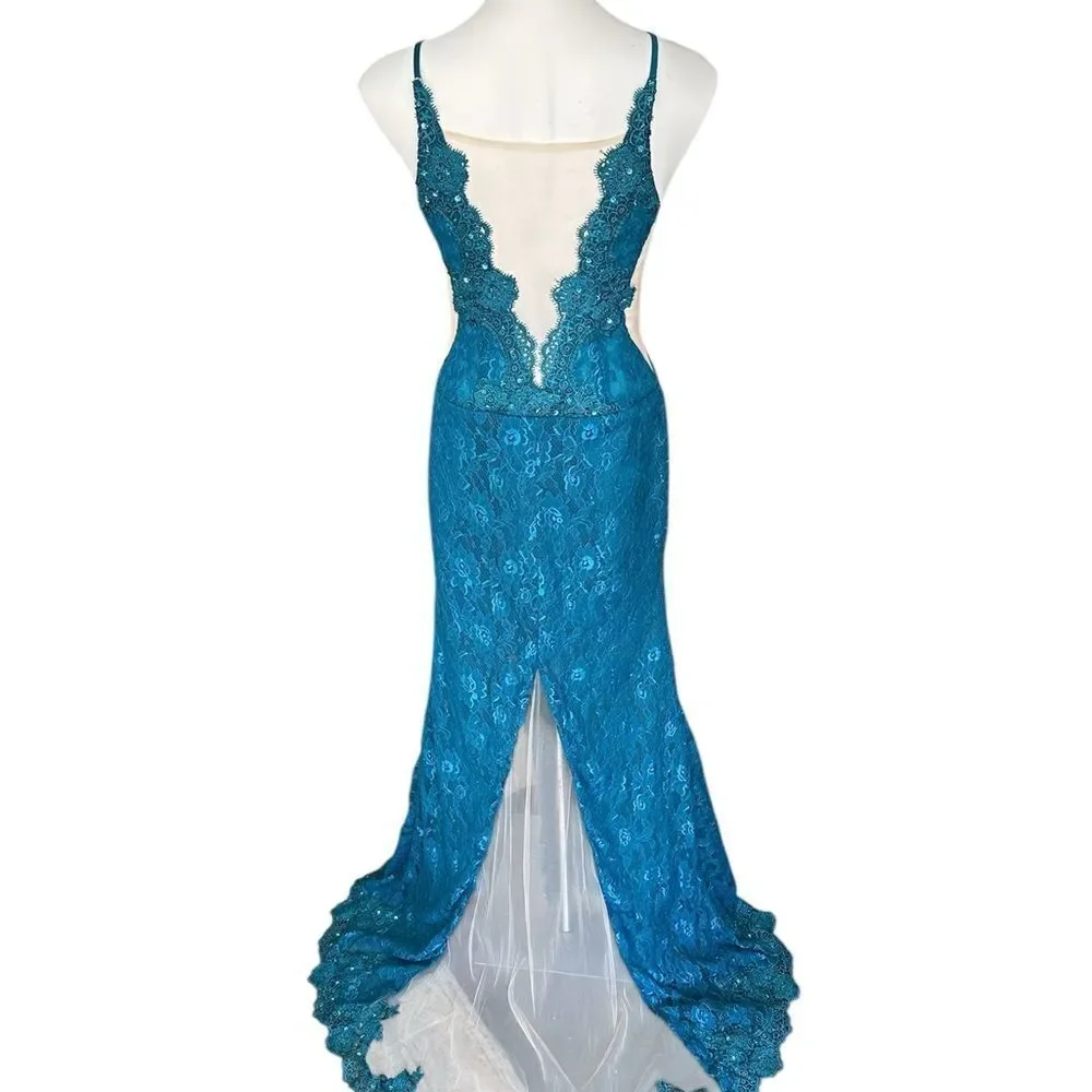 Elegant Lace and Sequined Dress Teal/Nude NWOT